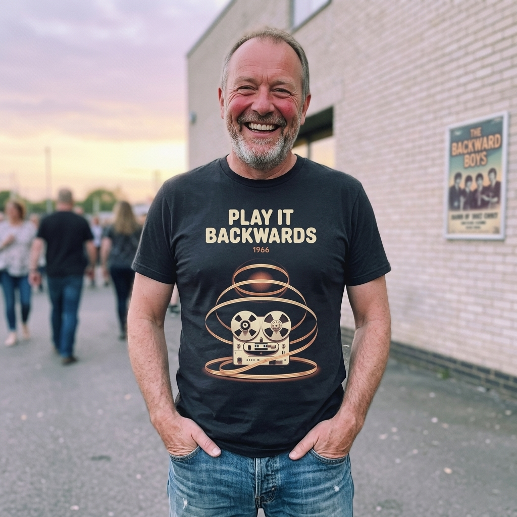 Fan wearing Play It Backwards Reel-to-Reel tee